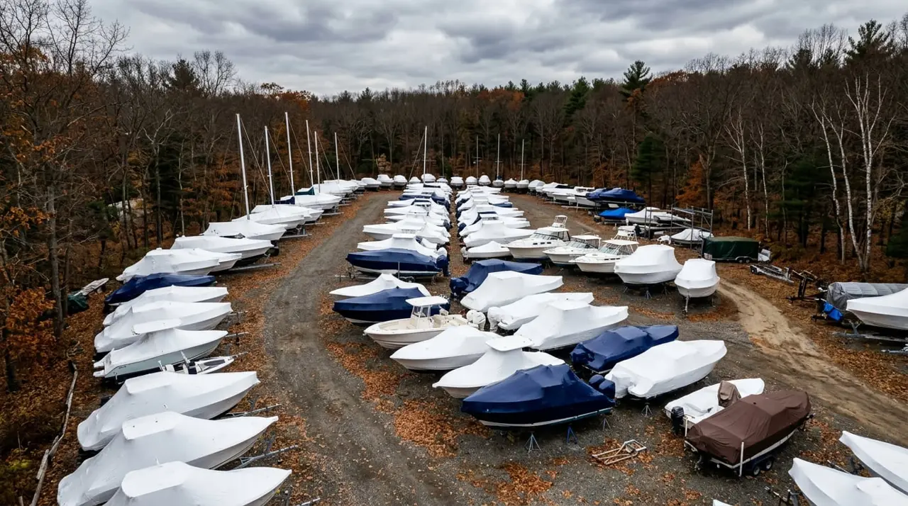 Rows of shrink-wrapped and covered boats on stands in an outdoor winter storage yard
