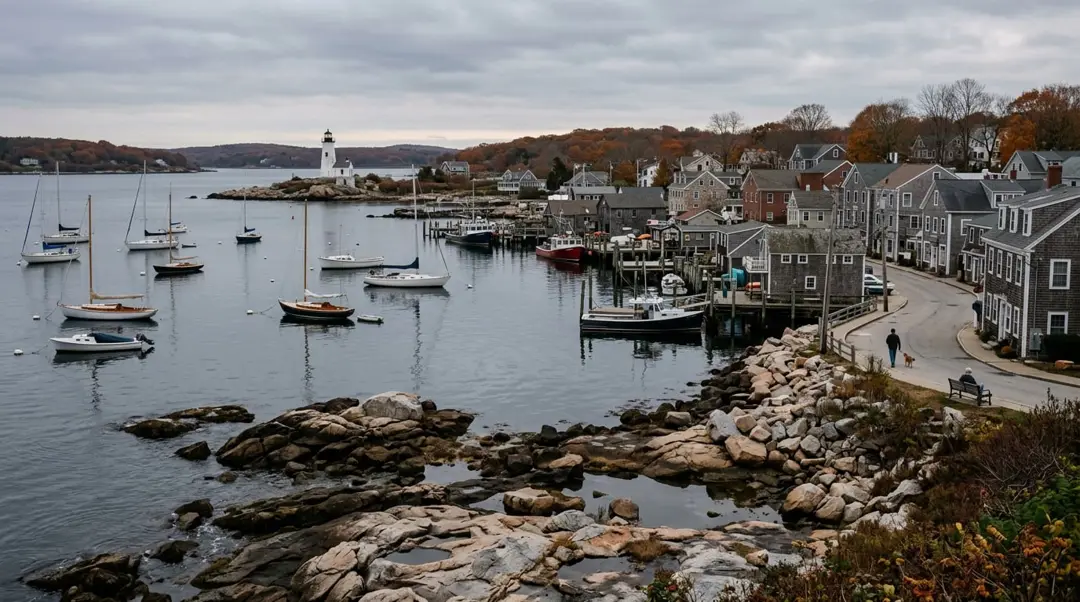 Harbor and lighthouse along the southeastern Connecticut shoreline in autumn
