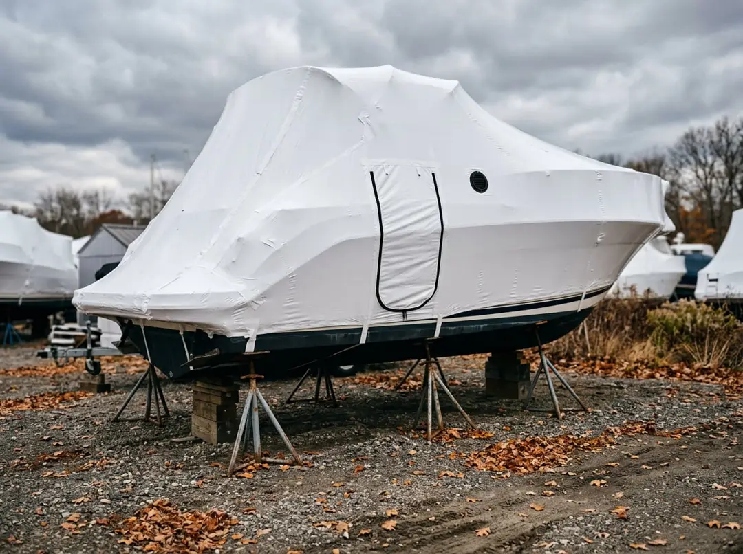 Boat on stands covered in fitted white shrink wrap with a zippered access door and vent