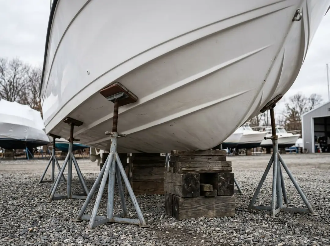 Powerboat hull supported on adjustable jack stands and wooden blocking for winter storage