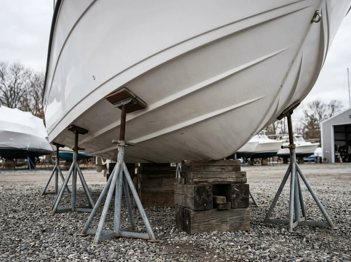Boat hull blocked on jack stands in an outdoor storage yard